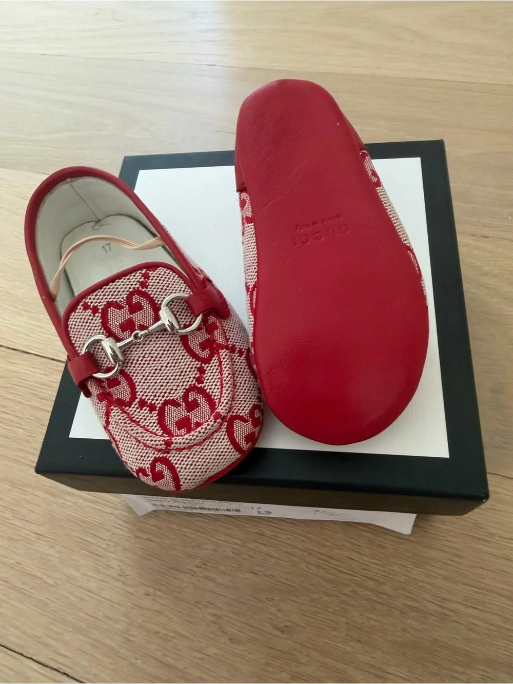 Gucci Kids Red Monogram Moccasins with Horsebit